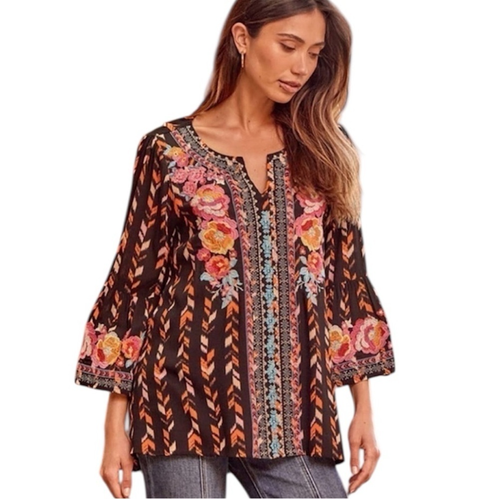 Savanna Jane Tunic Blouse 3/4 Bell Sleeve V-neck Embroidered Boho Top Women's S